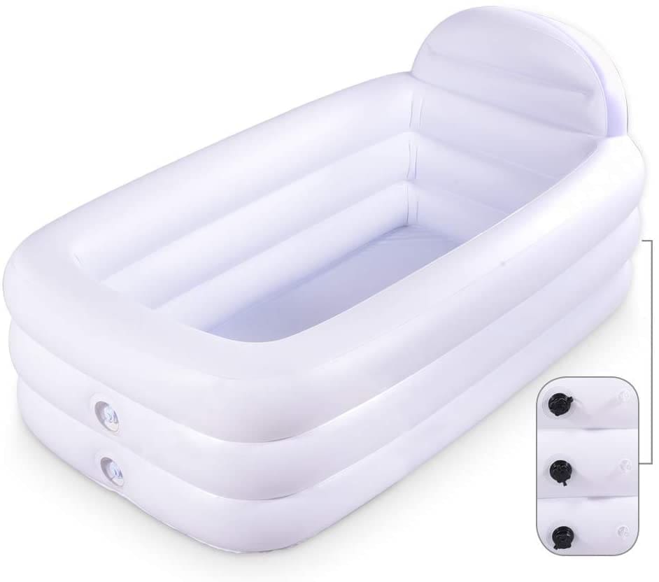 A white inflatable portable bathtub set up in a bathroom