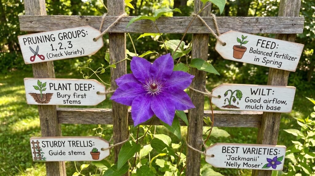 Purple clematis flower blooming on a garden trellis with green vine foliage