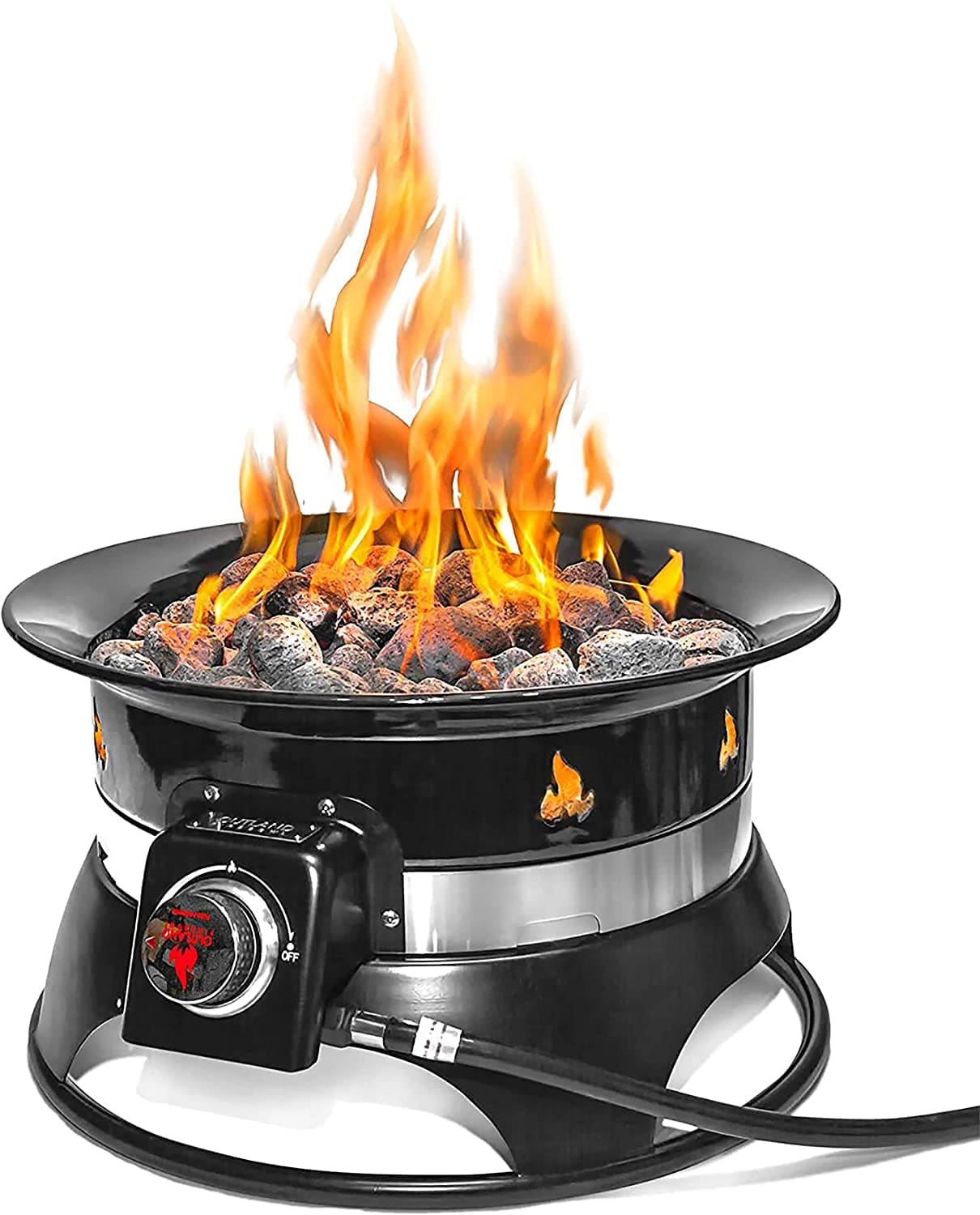 A portable steel fire pit burning brightly on a patio