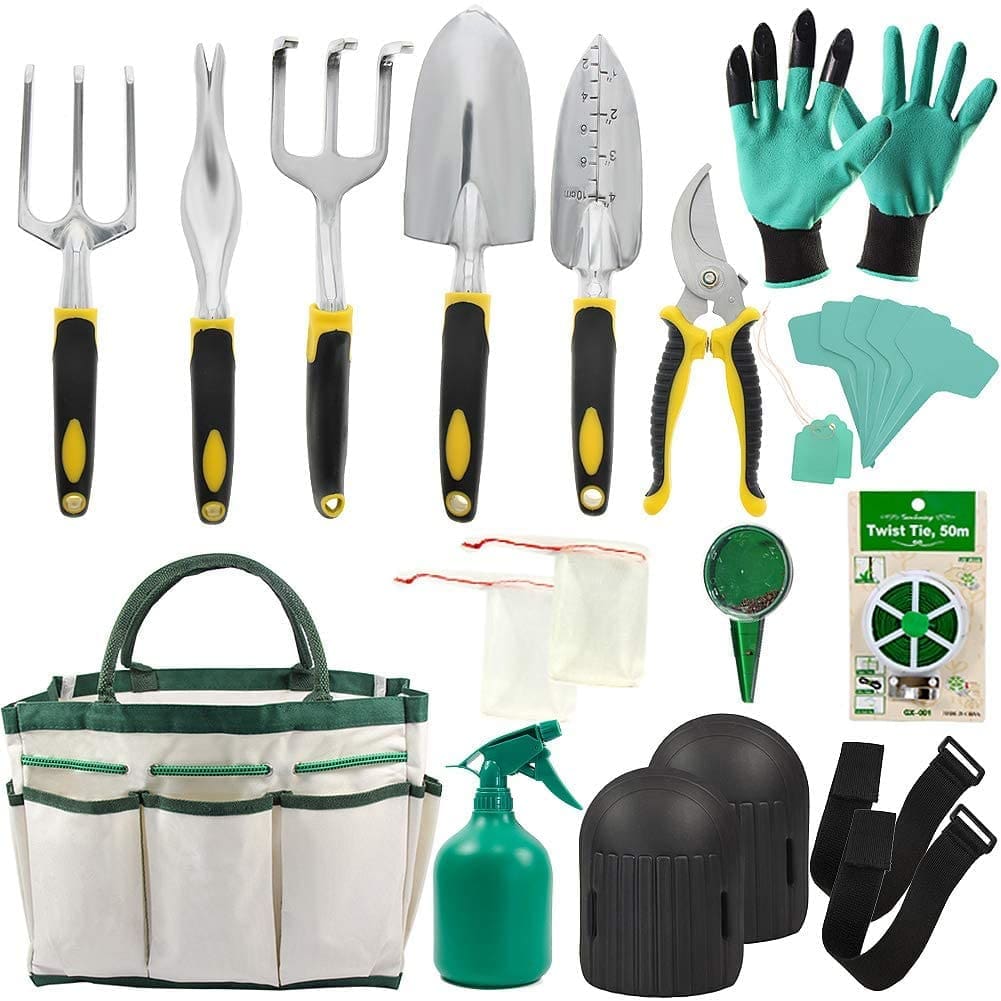 A collection of well-maintained gardening hand tools A flat lay of clean, well-maintained gardening tools including trowels, pruners, and a rake