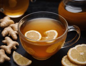 A healing cup of Ginger Tea A soothing cup of ginger tea with fresh ginger root and lemon