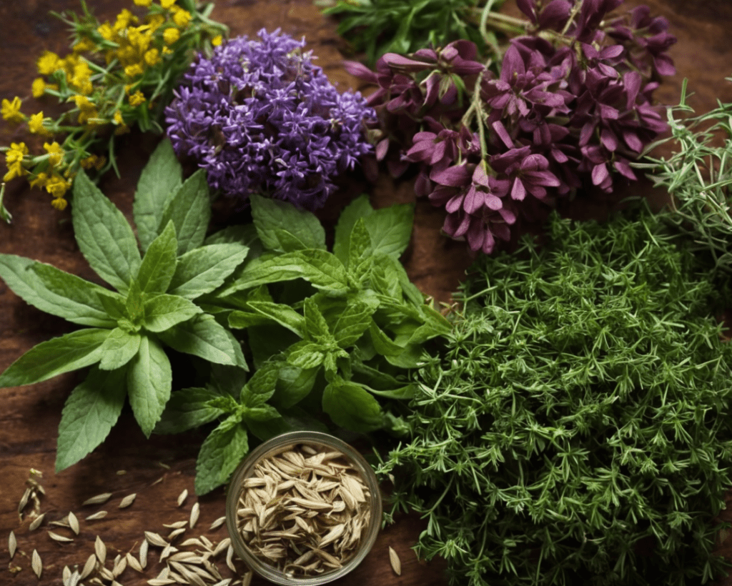 Fresh herbs and natural remedies for health A collection of fresh medicinal herbs, garlic, and natural remedies for fighting coughs and colds
