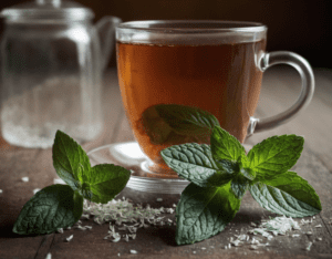 A warm cup of Peppermint Tea A steaming cup of fresh peppermint tea on a wooden table