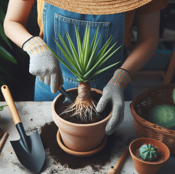Repotting a houseplant Yucca A gardener carefully repotting a Yucca plant into a new, slightly larger container