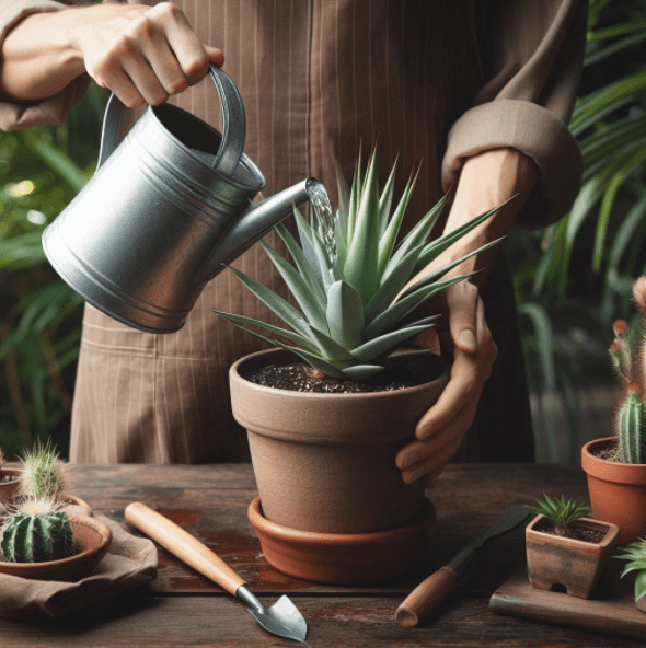 Proper watering technique for a Yucca plant An illustration showing how to properly water a potted Yucca plant