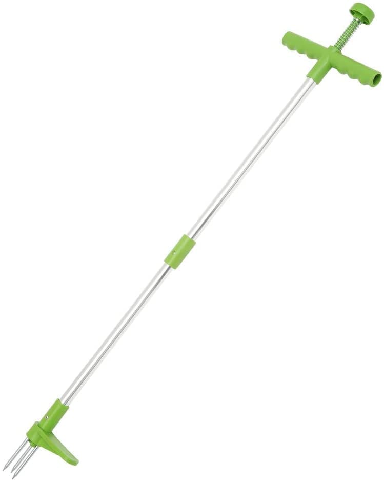 Long handled weed puller A gardener using a long-handled weed puller tool