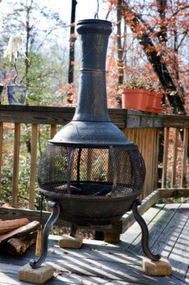 Chiminea on wooden deck Chiminea