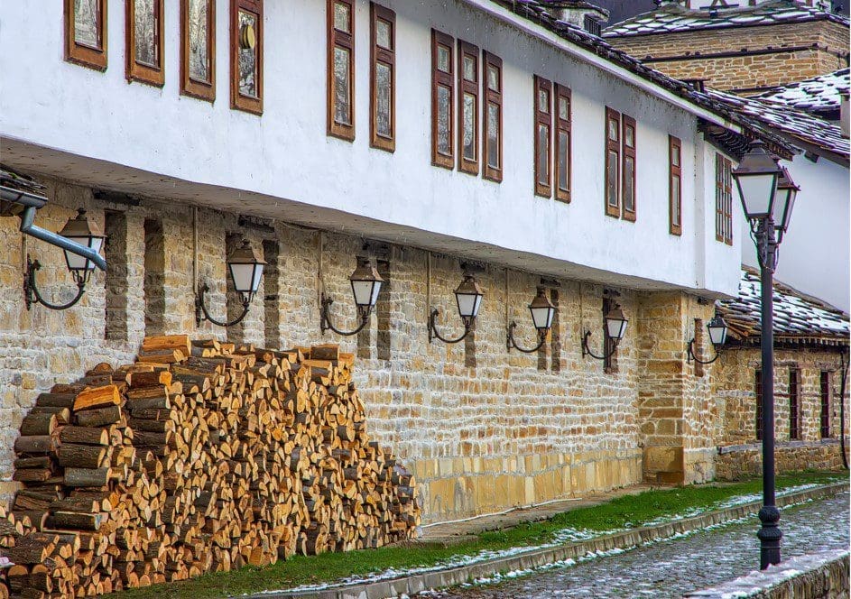 Firewood Stack A perfectly stacked row of seasoned split firewood ready for the winter.