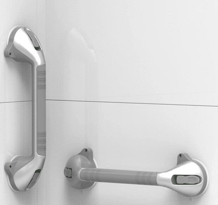Suction Shower Grab Bar Suction shower grab bar attached to bathroom tile for temporary balance support