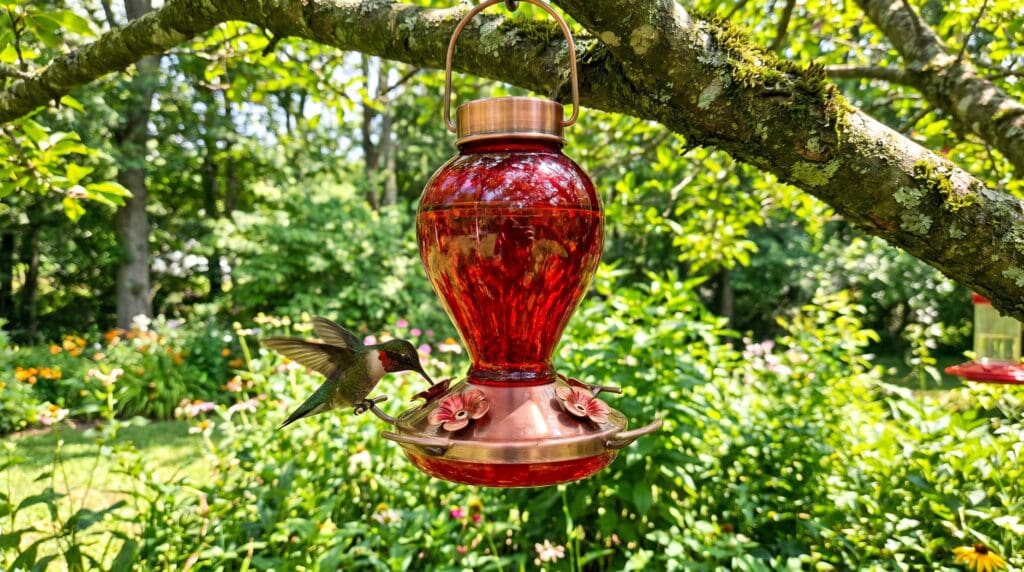 A vibrant hummingbird drinking nectar from a red hanging feeder in a backyard. A vibrant hummingbird drinking nectar from a red hanging feeder in a backyard.