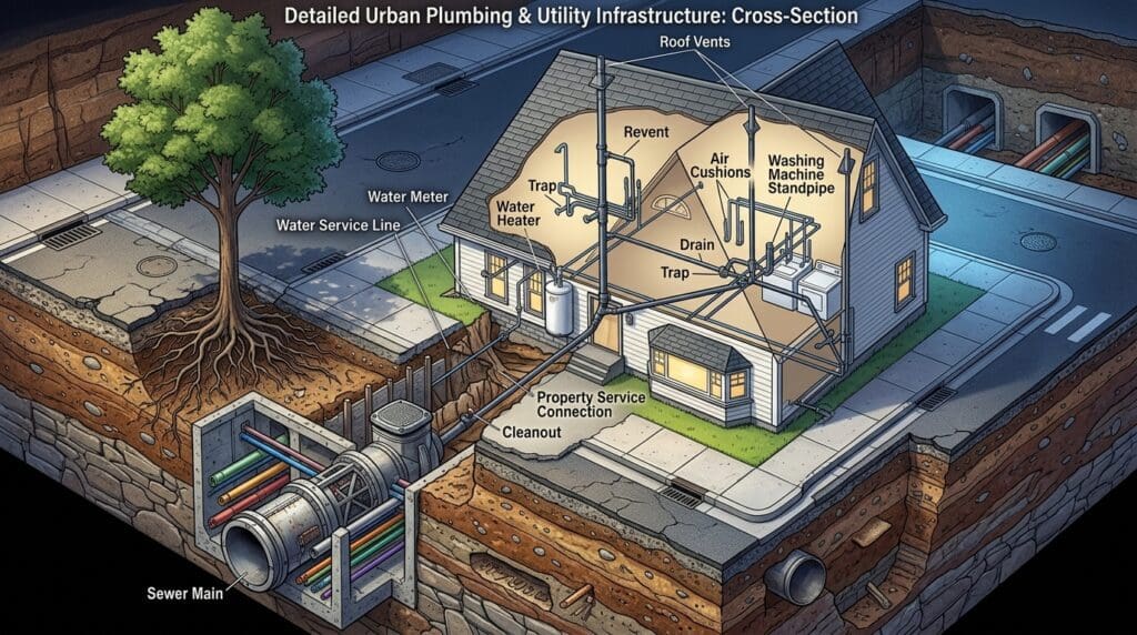 A detailed 3D cross-section diagram of a residential house drain system showing vent stacks, branch drains, P-traps, and the main sewer line connection.
