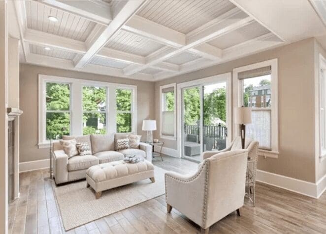 Coffered Ceiling Living Room White coffered ceiling in a finished living room with recessed panels and trim