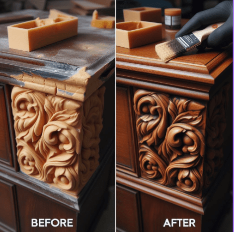 Before-and-after photos of a repaired piece of furniture Before-and-after photos of a repaired piece of furniture
