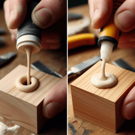 Applying wood putty and filler Two side-by-side photos showing wood putty vs wood filler being applied to a small hole