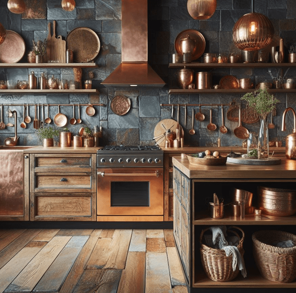 Copper and Stone Copper backsplash mixed with natural stone countertops