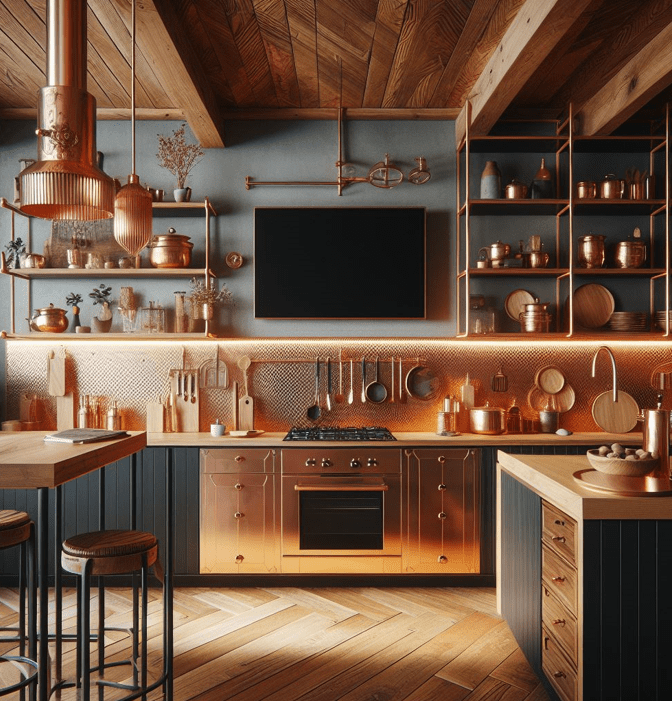 Copper and Wood Copper backsplash paired with natural wood cabinets