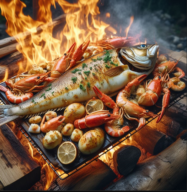 Crab & Shrimp Stuffed Sole Cooking Over a Wood Burning Fire Pit Crab & Shrimp Stuffed Sole Cooking Over a Wood Burning Fire Pit