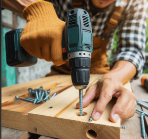Drive the screw or bolt into the pilot hole Driving a screw into a clean pilot hole in wood
