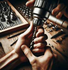 Insert the drill bit into the chuck and secure it Securing a drill bit in the drill chuck before drilling a pilot hole