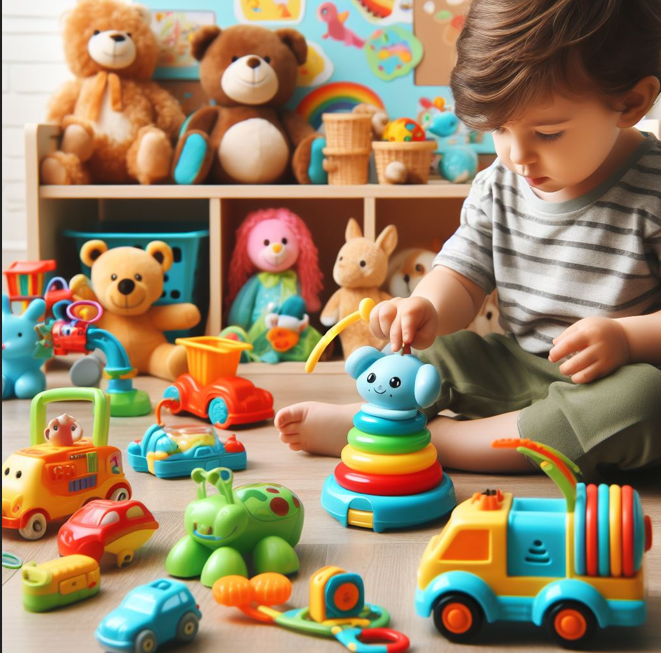 Toys for Toddler Boys A toddler boy playing happily with colorful wooden building blocks on a rug.