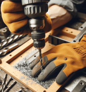 Remove the drill bit from the workpiece and clear any debris Removing a drill bit and clearing sawdust from a pilot hole