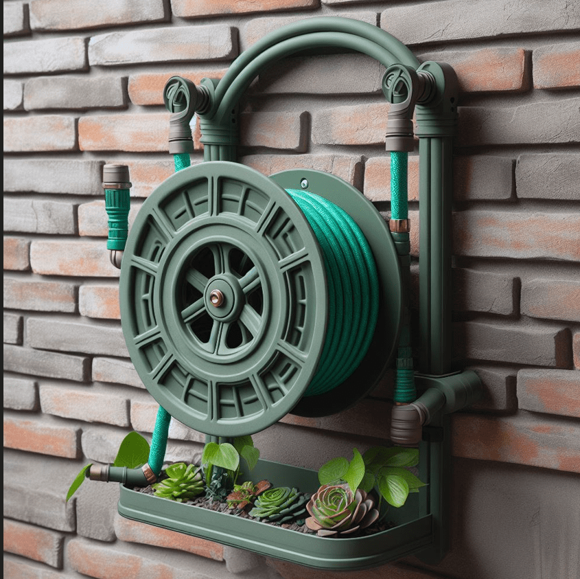 Wall-Mounted Garden Hose Holder Wall-mounted garden hose holder with a neatly coiled green garden hose on an exterior wall