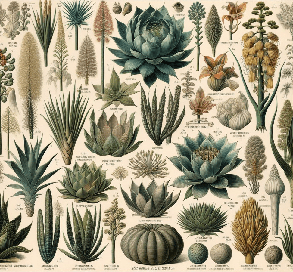 Asparagaceae Plant Family Collage of Asparagaceae family plants including asparagus, agave, yucca, hosta, snake plant, spider plant, and bluebells