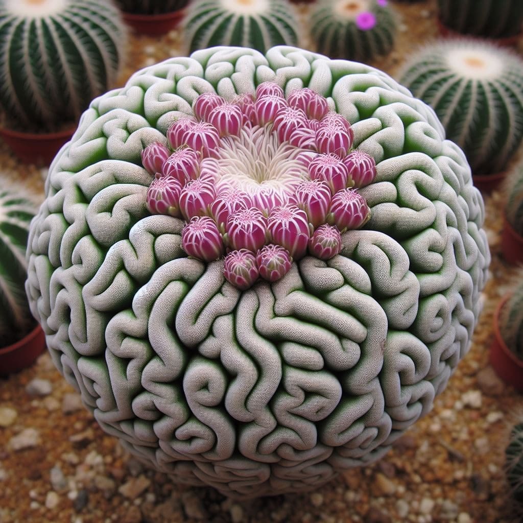 A healthy green Brain Cactus sitting in a pot A healthy green Brain Cactus sitting in a terracotta pot