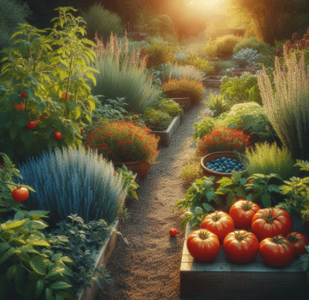 garden bed showing ripe tomatoes, a blueberry bush, and a border of herbs garden bed showing ripe tomatoes, a blueberry bush, and a border of herbs