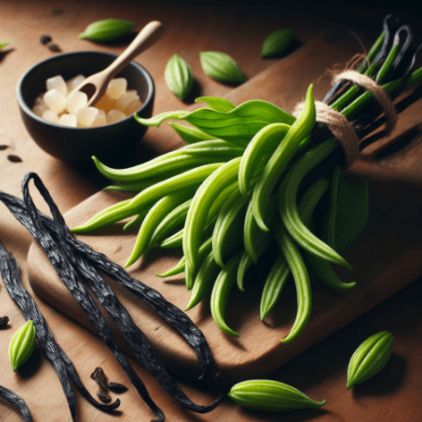 Green vanilla beans on the vine, ready for harvest and curing green vanilla beans