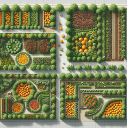 layout showing edible borders, vertical gardens, or fruit trees integrated into an existing landscape layout showing edible borders, vertical gardens, or fruit trees integrated into an existing landscape
