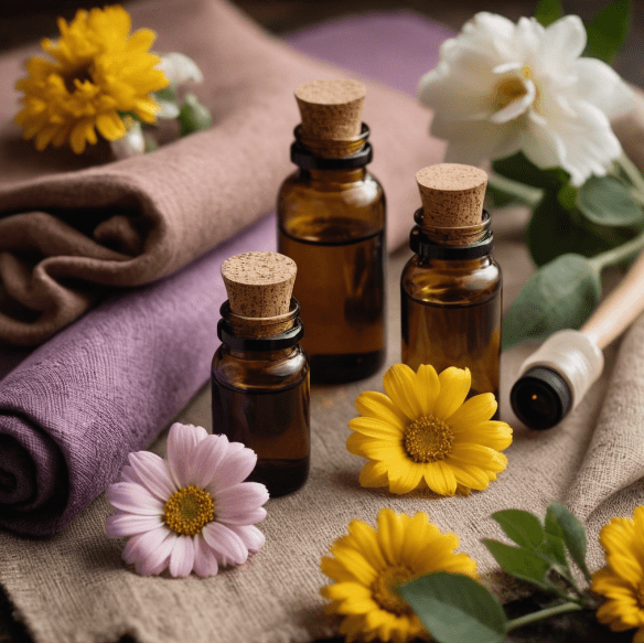 Different essential oil bottles with flowers and fabric swatches Different essential oil bottles with flowers and fabric swatches