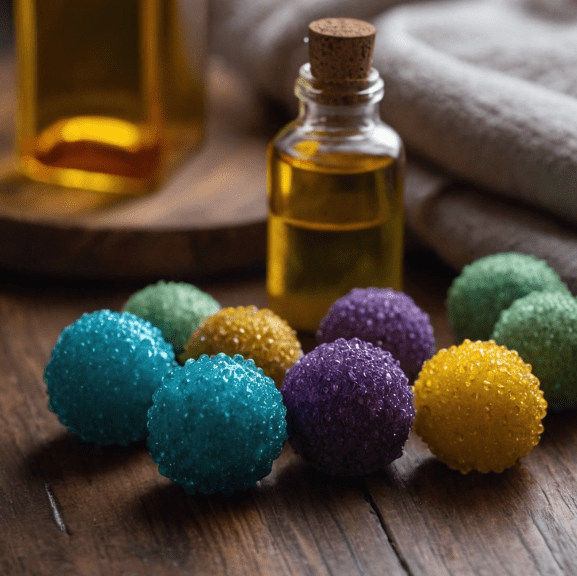 Dryer balls with drops of essential oil for scenting laundry Dryer balls with drops of essential oil for scenting laundry