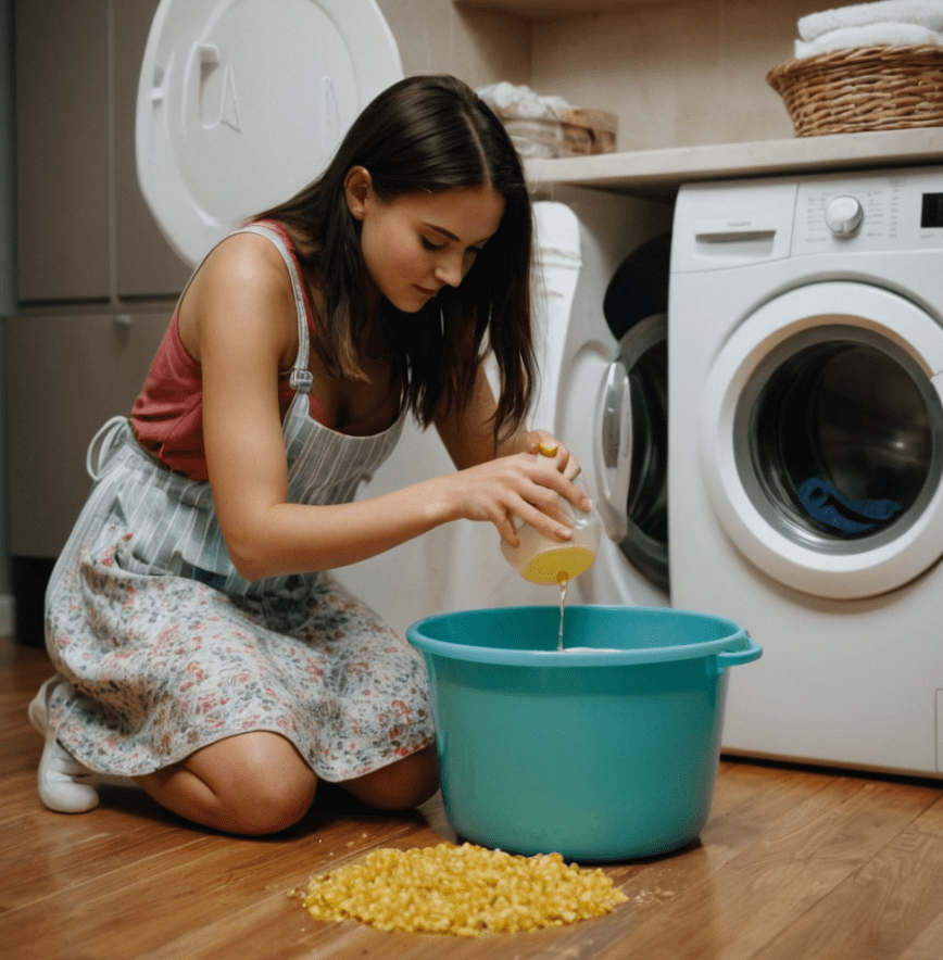 Girl pouring essential oil into laundry detergent Girl pouring essential oil into laundry detergent
