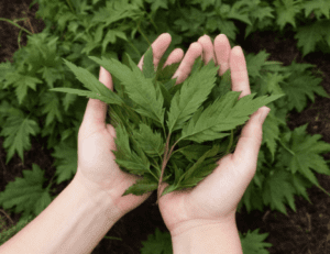 Hands holding freshly harvested Aruncus Dioicus leaves for culinary use Hands holding freshly harvested Aruncus Dioicus leaves for culinary use