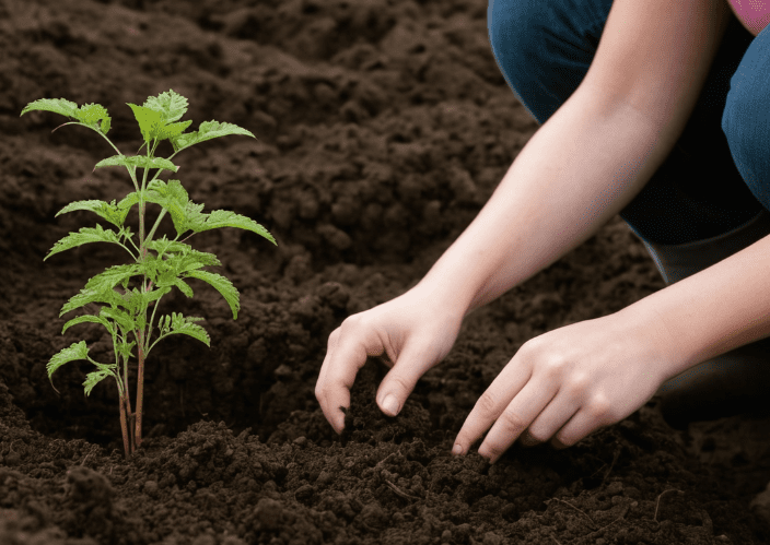 Hands planting Aruncus Dioicus seedlings in rich soil Hands planting Aruncus Dioicus seedlings in rich soil
