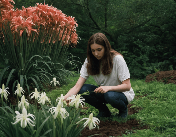 Planting Spider Lilies Planting a white spider lily bulb shallowly in rich well-draining garden soil