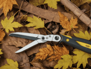Pruning shears trimming dead leaves from Aruncus Dioicus plant Pruning shears trimming dead leaves from Aruncus Dioicus plant