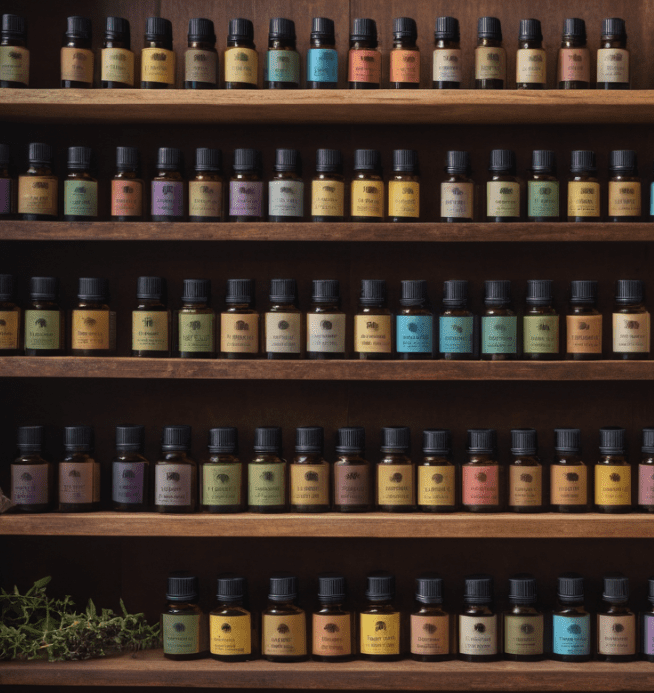 Various bottles of essential oils on a shelf Various bottles of essential oils on a shelf