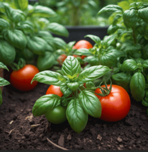 basil thriving next to tomato plants basil thriving next to tomato plants
