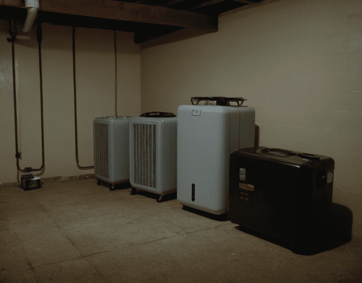 Best Basement Dehumidifiers A modern dehumidifier operating in a clean basement