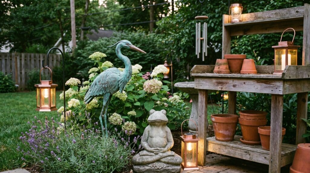 Copper garden ornament, solar lights, stone statue, and backyard decor arranged among flowers and shrubs Copper garden ornament, solar lights, stone statue, and backyard decor arranged among flowers and shrubs