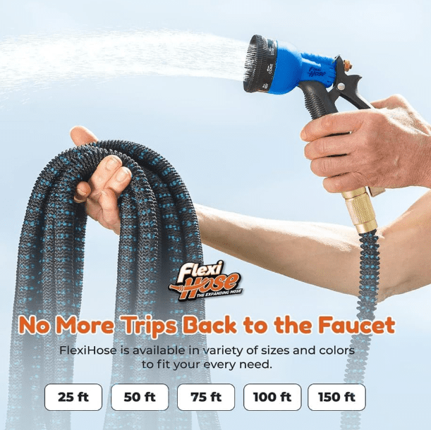 Flexi Hose Expandable Garden Hose with 8 Function Nozzle, 100FT Flexi Hose 100 foot expandable garden hose with spray nozzle and brass fittings
