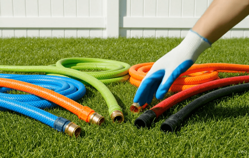 Most Durable Expandable Garden Hoses Durable expandable garden hoses coiled on a lawn with spray nozzles and brass fittings