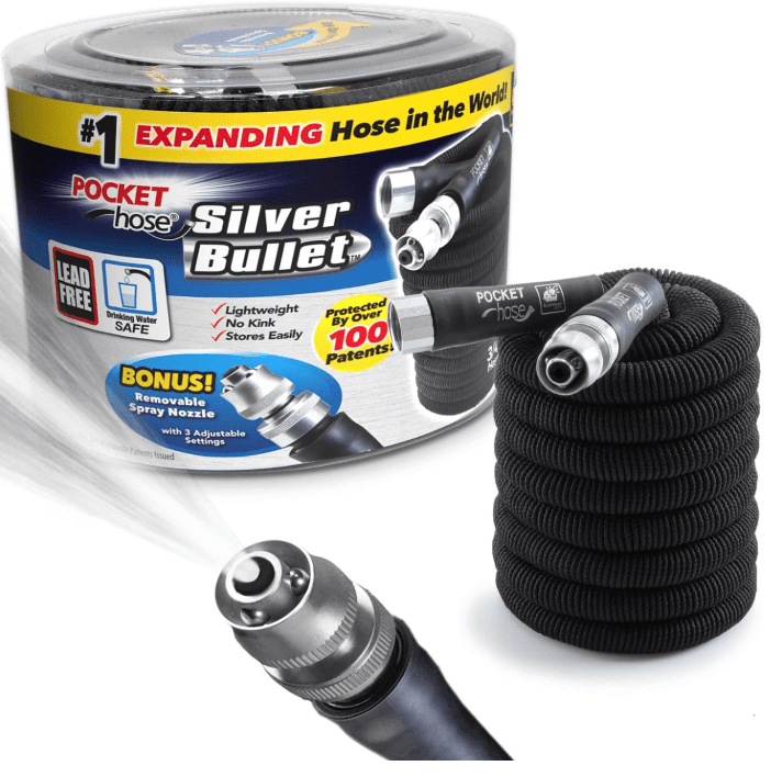 Pocket Hose Silver Bullet Expandable Garden Hose Pocket Hose Silver Bullet lightweight expandable garden hose with Turbo Shot nozzle