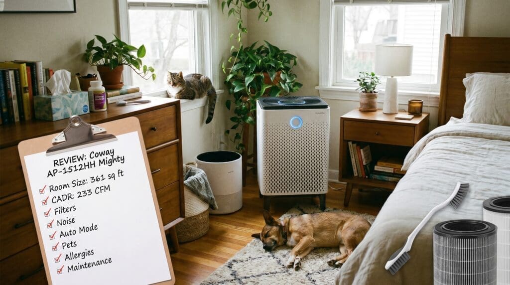Coway Airmega AP-1512HH Mighty air purifier running in a bedroom with clean modern decor Coway Airmega AP-1512HH Mighty air purifier running in a bedroom with clean modern decor