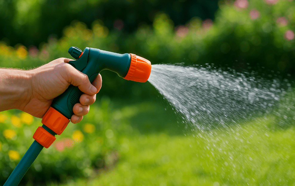 A high-quality metal garden hose nozzle watering plants