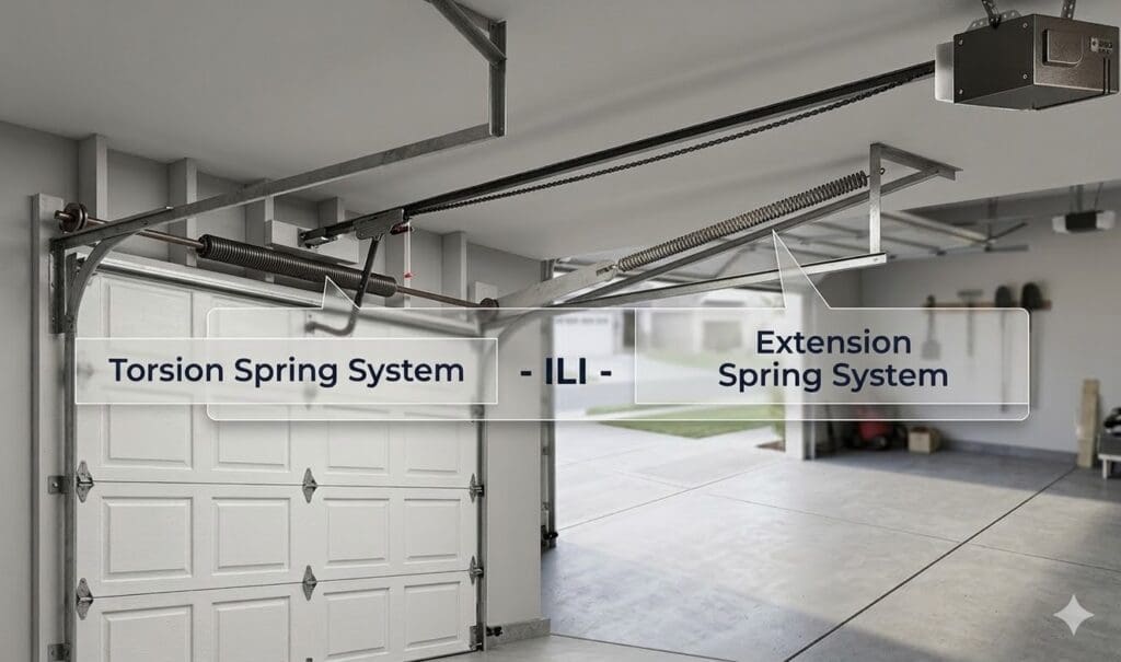 A realistic 3D render of a garage interior comparing a Torsion Spring System, located above the door, and an Extension Spring System, located along the upper tracks