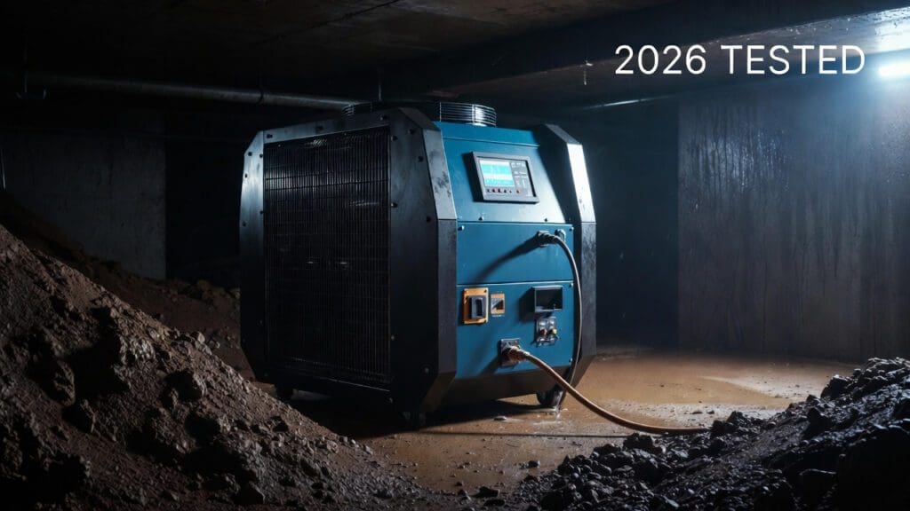 Best commercial crawl space dehumidifier operating in a damp crawl space Heavy-duty commercial crawl space dehumidifier running in a damp crawl space to control humidity and prevent mold