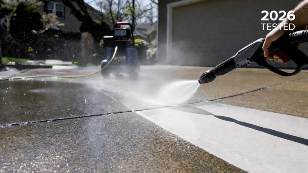 Homeowner using an electric pressure washer to clean a dirty concrete driveway
